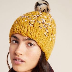 Anthropologie Mustard Knit Hat with Pom Pom